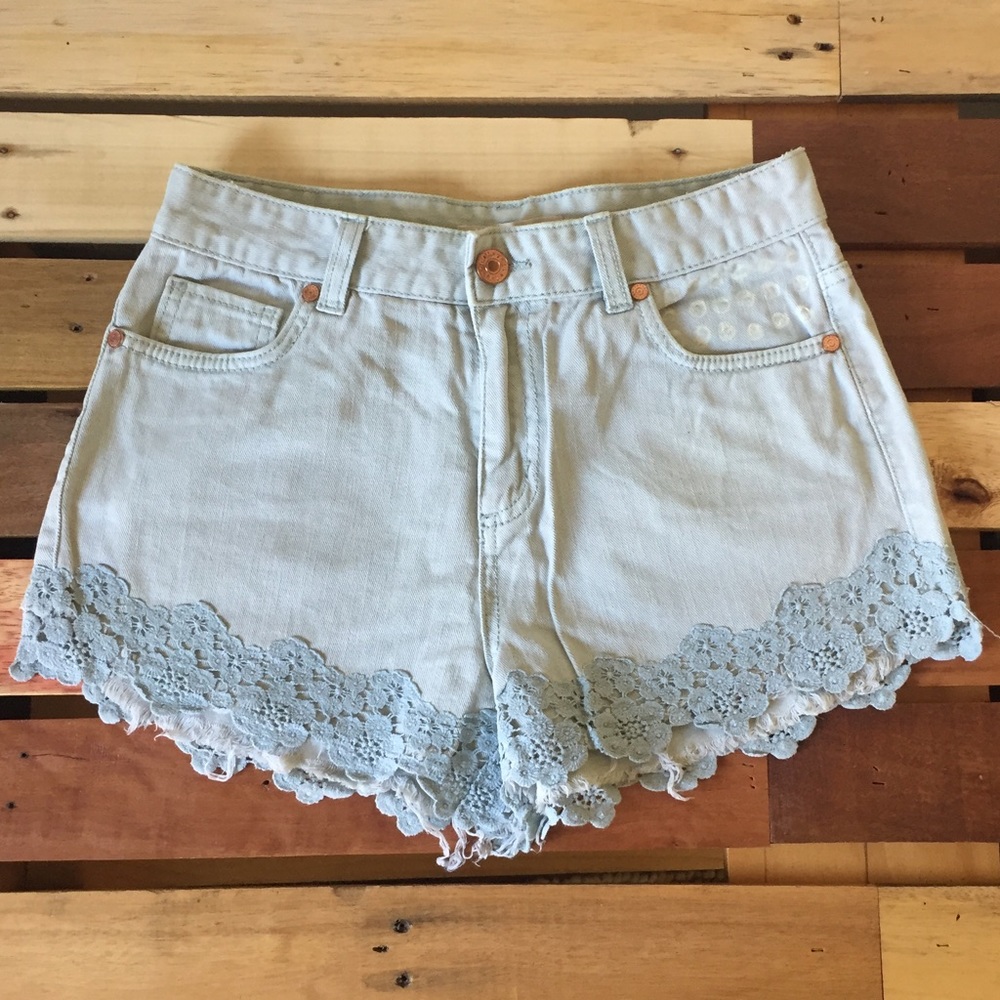 Mint Green Jean Shorts w/ Lace Detail